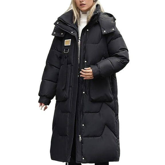 Niaviben Puffer Jacket Womens with Hood Women's Thickened Down Jacket Long Puffer Coat Women Winter Coat Women Casual Jackets for Women Puffer Jacket Women Jackets for Women Trendy Black L