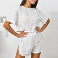 thumbnail image 4 of tarylea Pajamas for Women Set Crew Neck Short Sleeve Tops Split Hem Elastic Waist Shorts Solid Color Eyelet Suits Casual Summer Dressy Homewear Suits, 4 of 5