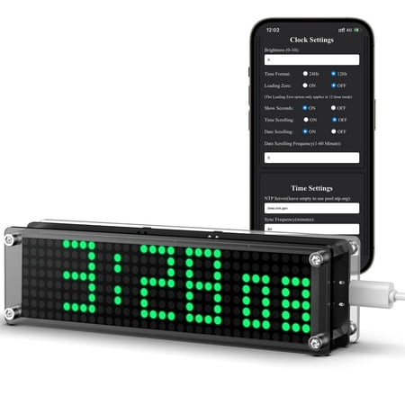 WiFi Matrix Clock with Time Sync,Smart Clock with Custom Sync Frequency,Easy Configuration,Time Zone Settings,Web-Based Setup,Green