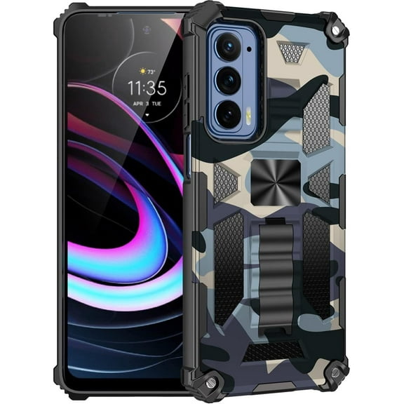 for Motorola Edge 2021 (Not 2020) Camouflage Case, Heavy Duty Shockproof Protection Military Grade Built-in Magnetic Kickstand Boys Man Camo Cover for Motorola Moto Edge 2021 MC Light Blue