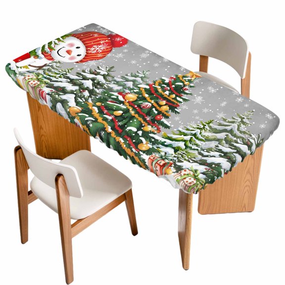 Grey Snowman Christmas Table Cloths for 4 Foot Rectangle Tables, Xmas Tree Ball Snowflake Winter Patio Waterproof Elastic Fitted Tablecloths, Washable Rectangular Table Cover for Camping