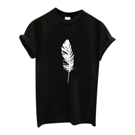 

Fashion Women O-Neck Short Sleeve T-Shirt Feather Print Casual Top Tee Blouse