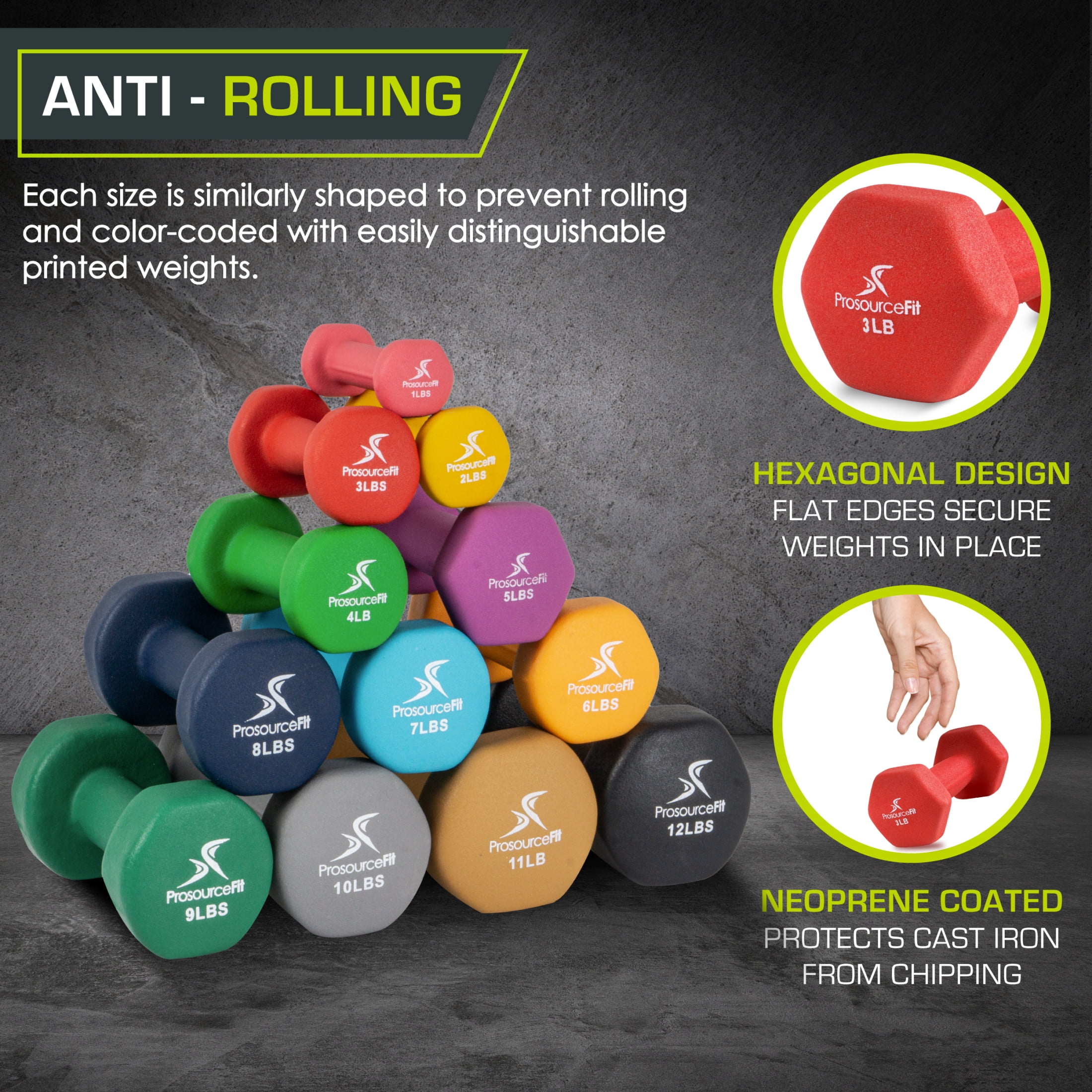 ProsourceFit Set of Two Neoprene Dumbbells Coated for Non-Slip Grip, 3 lb