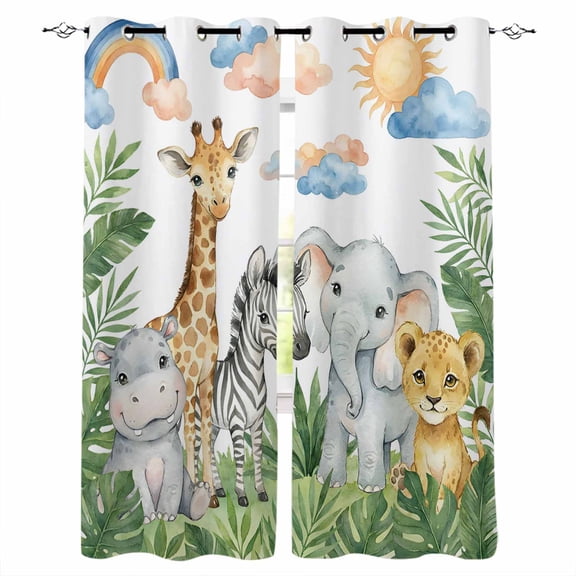 Cute Animals Blackout Curtains for Bedroom/Living Room, Thermal Insulated Kitchen Curtains, Funny Summer Botanical Palm Leaves Grommet Darkening Window Treatment Drapes 52"x63"x2