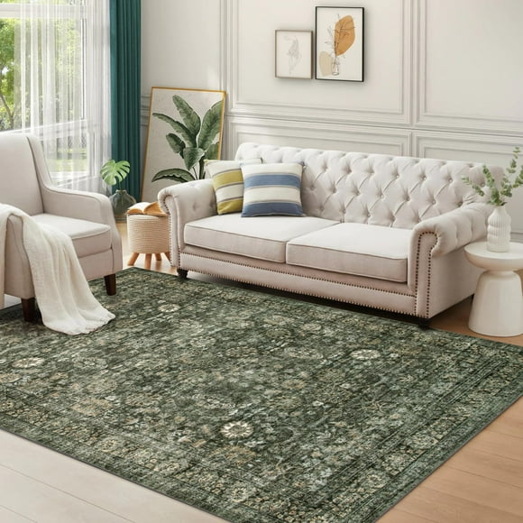 Alfombra Morebes Vintage, grande, lavable, 240 x 300 cm, color verde oscuro