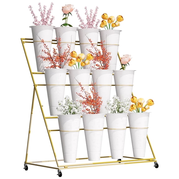 3-Layer Flower Display Stand with Buckets, Heavy-Duty Florist Bouquet Shelf with Wheels, Moving Plant Stand for Shop Events Garden Wedding Florist