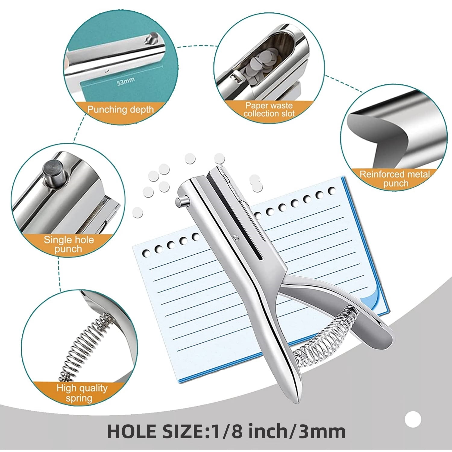 PloutoRich Hole Puncher, Single Hole Punch, Heavy Duty Paper Puncher Single, Portable Hand Held Long Hole Punch for Paper Cards Plastic Cardboard, 3mm