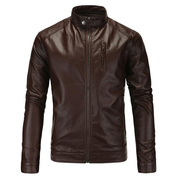 IROINNID Men's Long Sleeve Faux Leather Short Jacket Solid Color Comfy Leather Long Jacket Sleeve Pocket Fitted Top Coat