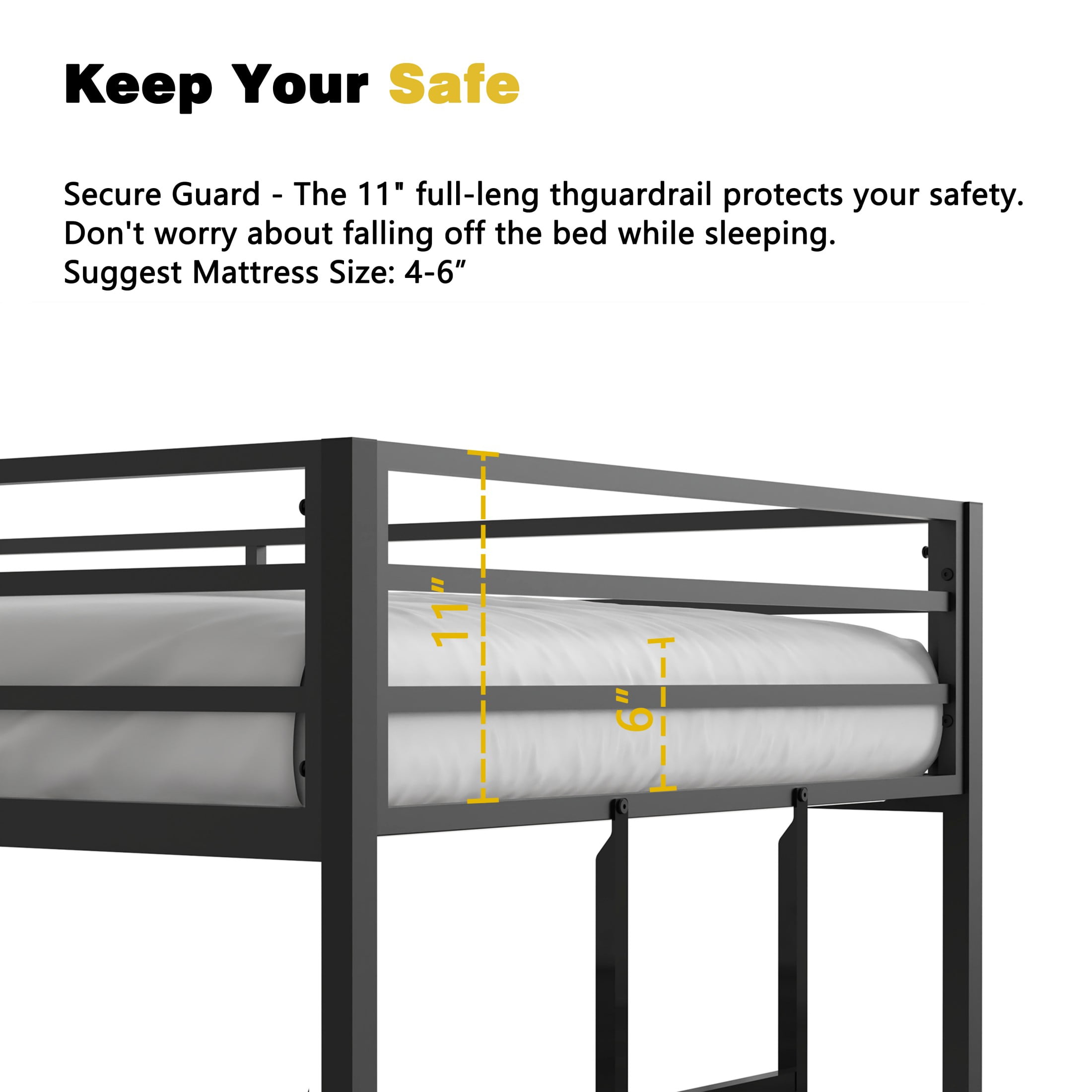 Aukfa Twin over Twin Metal Bunk Bed with Guardrails and Reversible Ladder for Kids, Black