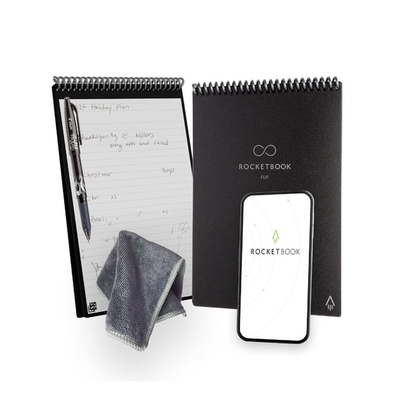 Rocketbook Flip Reusable Smart Notebook, Executive 6" x 8.8", Black, Cloud Connected Top-Bound Erasable Spiral Notebook
