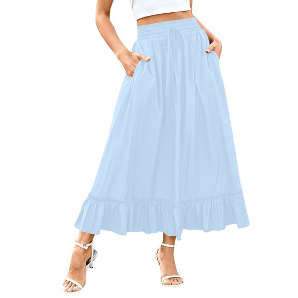 Tumotour Skirts for Women Solid Elastic High Waist Ruffle Boho Skirt Summer Tiered Trendy Ankle-Length A-Line Skirt Fashion Swing Flowy Drawstring Long Skirt for Beach Casual Outwear Party Walking