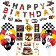 Race Car Birthday PriNst Party Decorations - Racing Birthday Banner, Checkered Flag Balloons, Traffic Signs Cutouts and Cake Topper for Kid Boys Let's Go Racing Themed Party Supplies