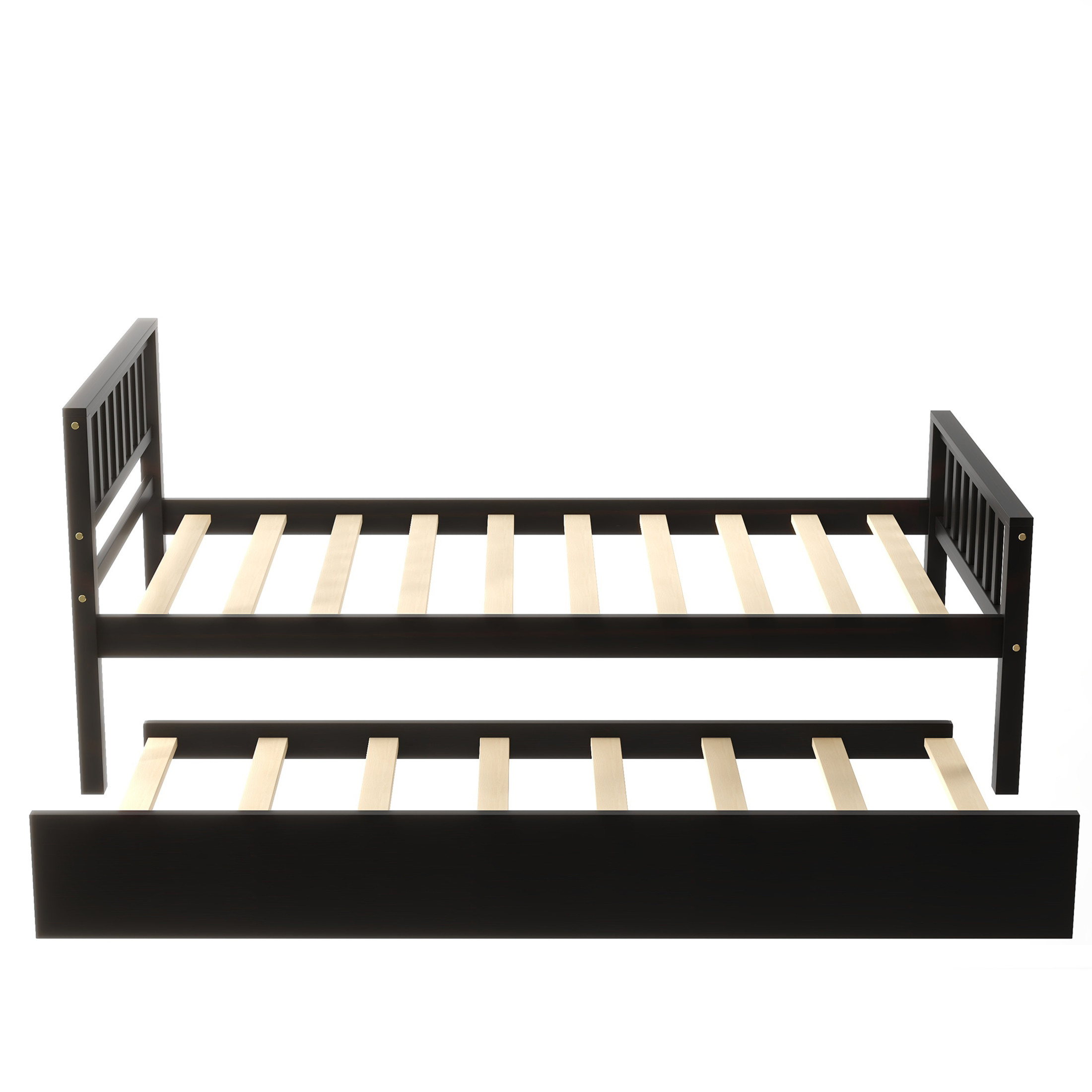 Noble House Kilby Twin Platform Bed with Pull-out Trundle, Hardside Pine Wood Bed Frame with Headboard, Espresso