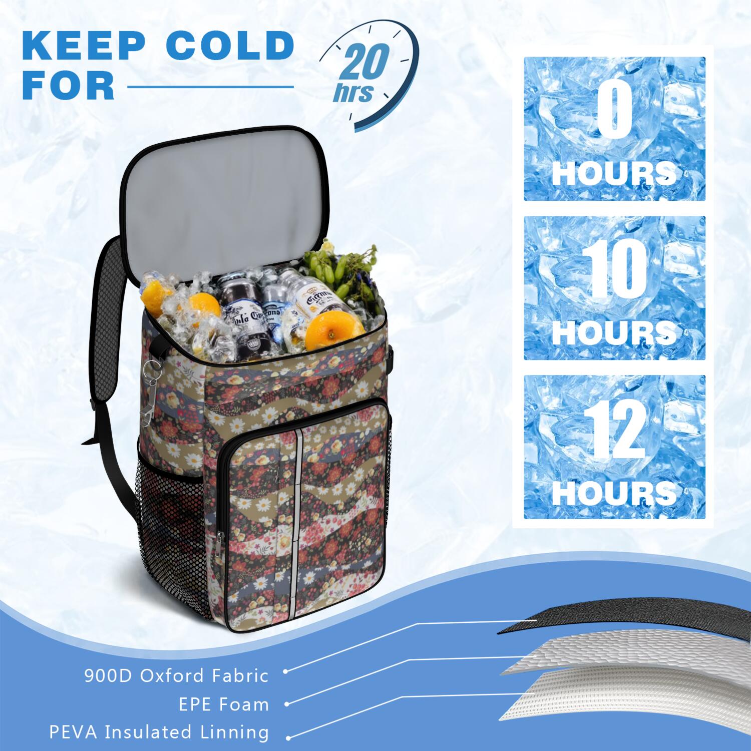 Travel Cooler Bag - Pioneer Flower Camping Beer Cooler Backpack with Bottle Opener- Waterproof Insulated Picnic Backpacks - Cooler Bag for Beach