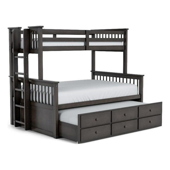 Bowery Hill Wood Twin over Full Bunk Bed with Trundle and Drawers in Stain Gray
