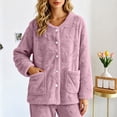 thumbnail image 5 of Women's Sleepwear Cardigan, Fleece Long Sleeve Button Front Jacket with Pockets, Warm Lounge Sleep Top, Cozy Home Indoor Wear | VerBelle,Hot Pink XL, 5 of 9
