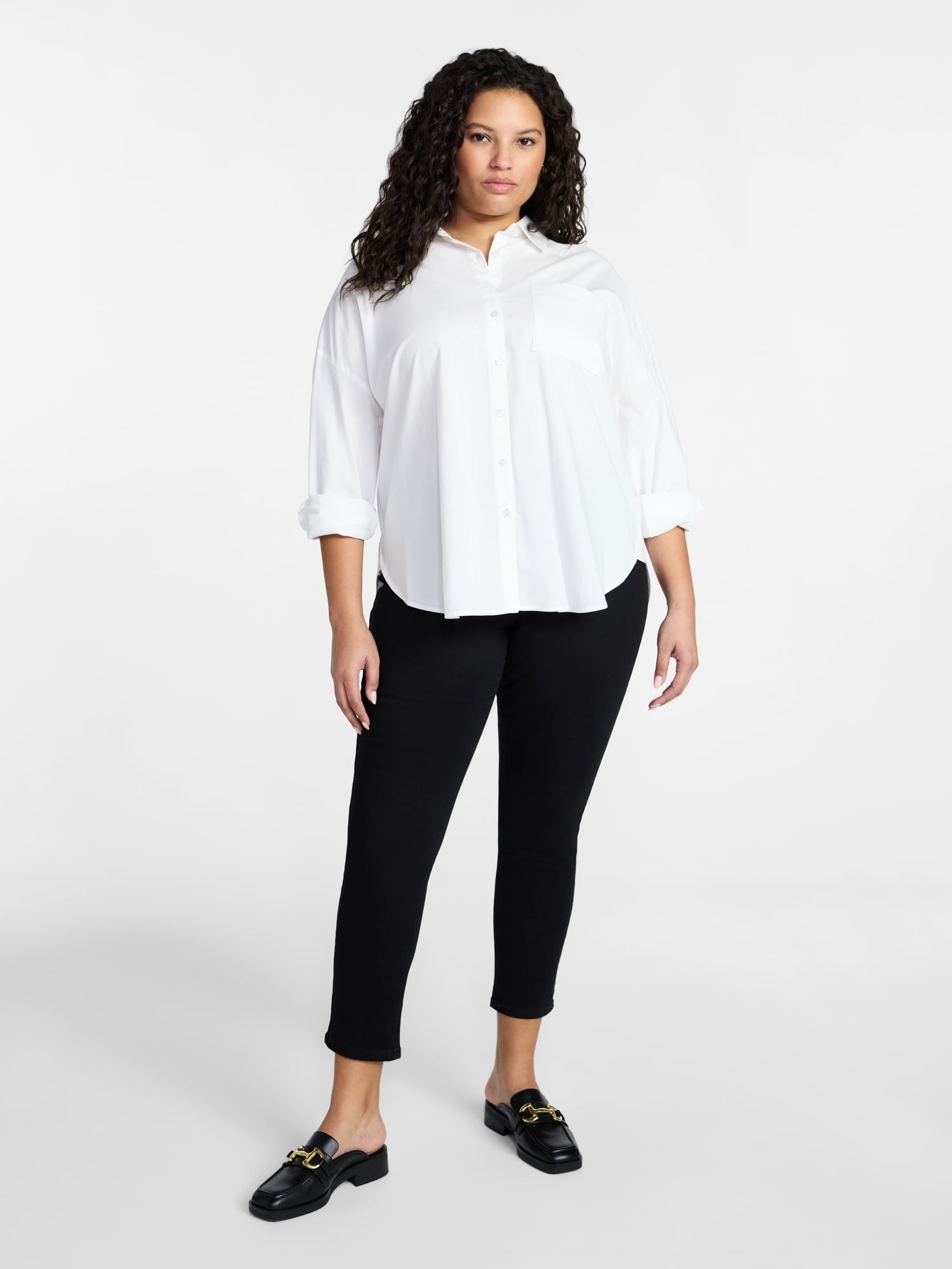 Terra & Sky Women's Plus Size Poplin Boyfriend Shirt, Sizes 0X-5X