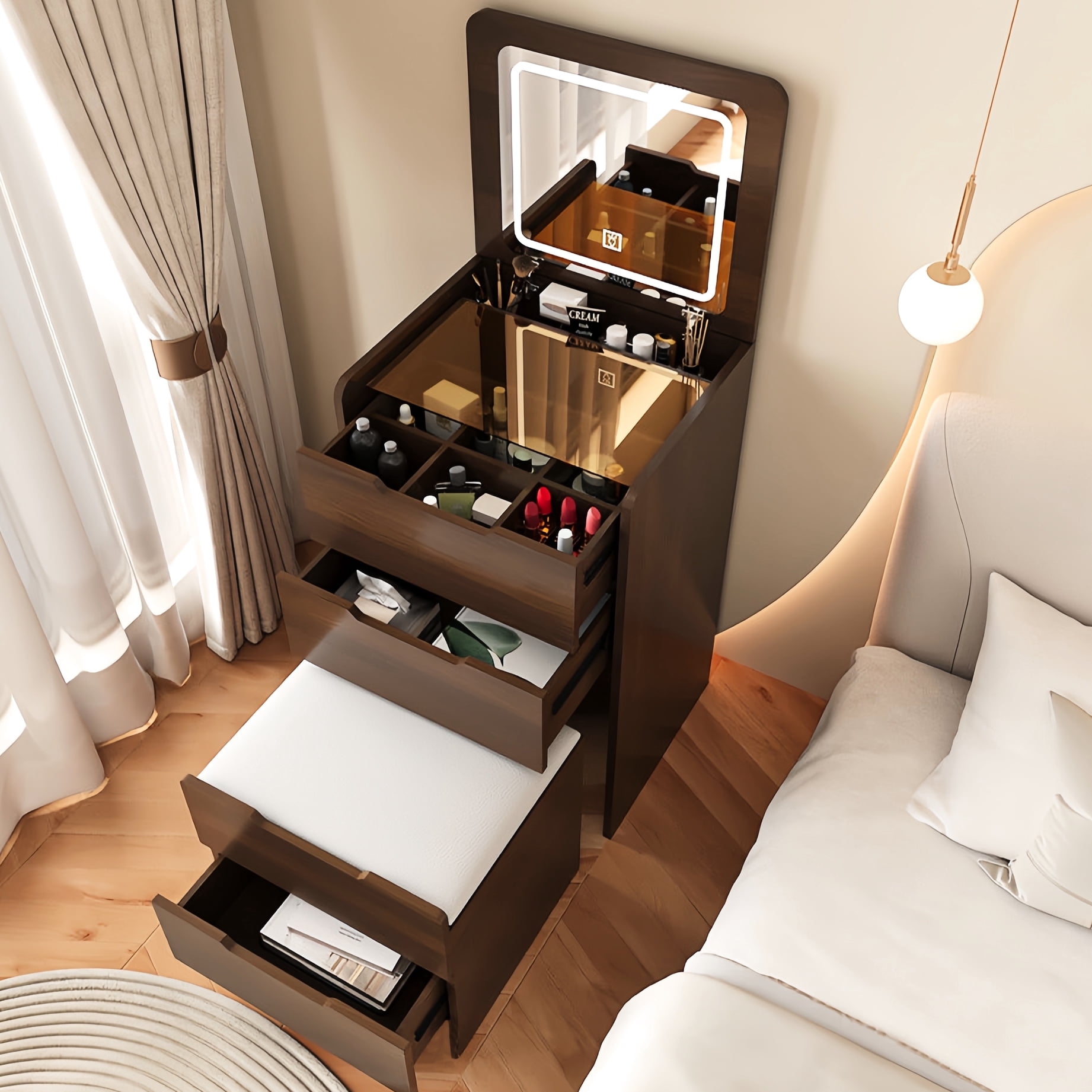 Elegant Walnut Vanity Table With Practical Drawer Storage And Visible Top Dressing Construction Materials