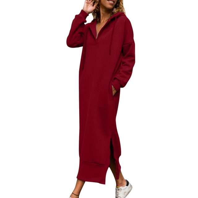 Robe Décontractée pour Femmes Robe à Capuche Décontractée avec Poches Couleur Unie et Jupe Confortable avec Poches