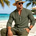 thumbnail image 3 of IAJDKMEK Men's Long Sleeve Henley T-Shirts - Solid Color Linen V-Neck Pullover Tee Button Down for Men with Relaxed Fit and Breathable Cotton Linen,Army Green L, 3 of 8