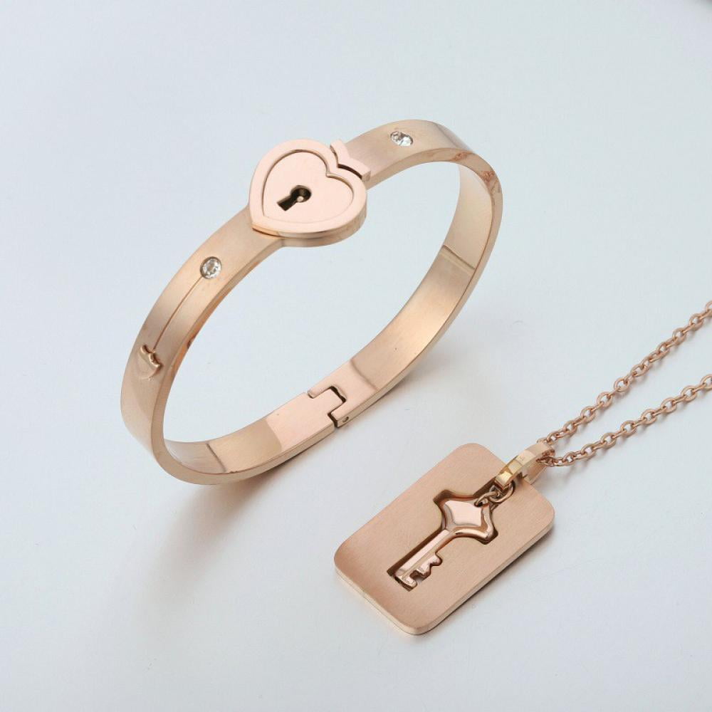 Lock and Key Bracelet and Necklace Set, Plated Titanium Love Lock Set His&  Hers Matching Couple Heart Bangle Bracelet Lock Key Pendants (Gold, Heart  Bracelet & Square Key Necklace) price in Saudi