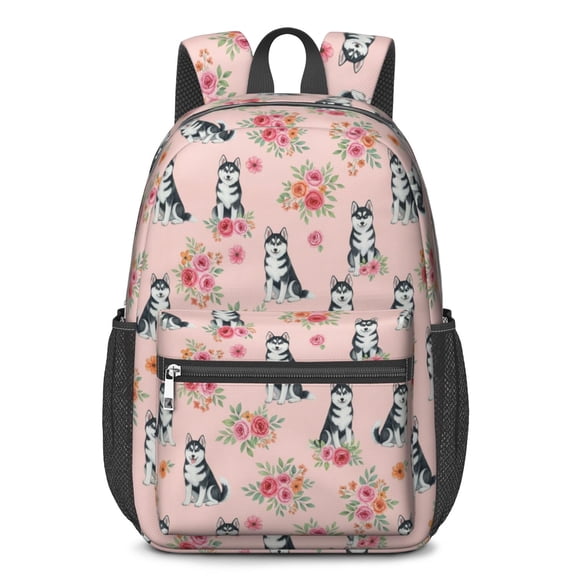 Husky and Floral Pink Pattern 17" School Backpacks for Teens,Waterproof Oxford Fabric,S-Shape Padded Straps for School,Travel,Hiking,Camping