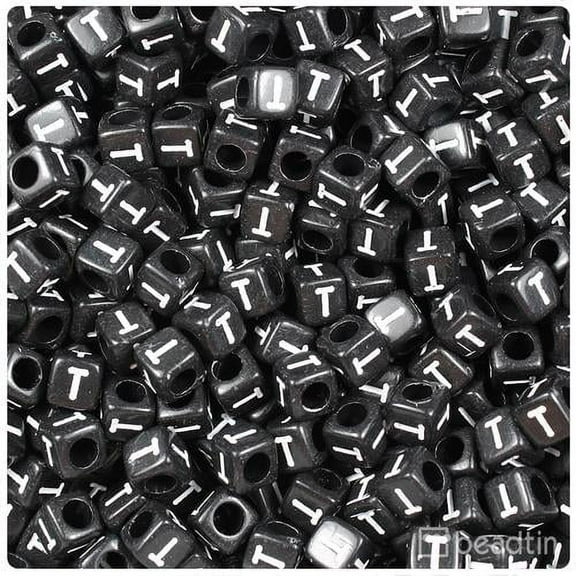 BeadTin Black Opaque 6mm Cube Alpha Beads - White Letter T (80pcs)