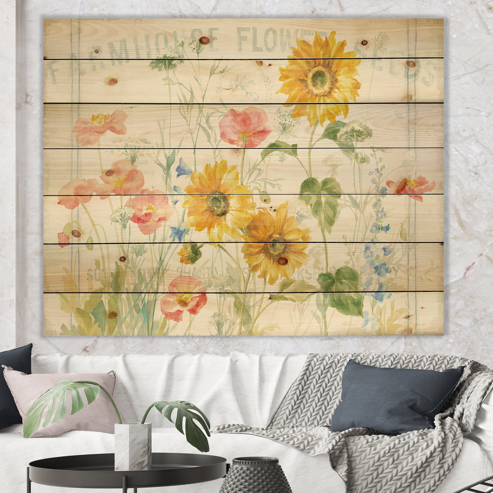 Designart 'Floursack Florals I' Floral & Botanical Print on Natural Pine Wood