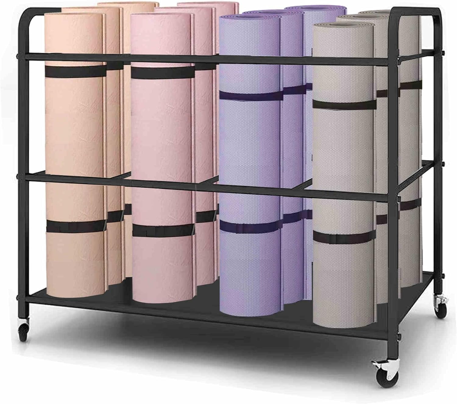 Yoga Mat Holder Storage Rack Basket+Wheels, Multi-Purpose Home Gym Workout Organizer for Dumbbells Kettlebells Resistance Bands Yoga Blocks Foam Roller