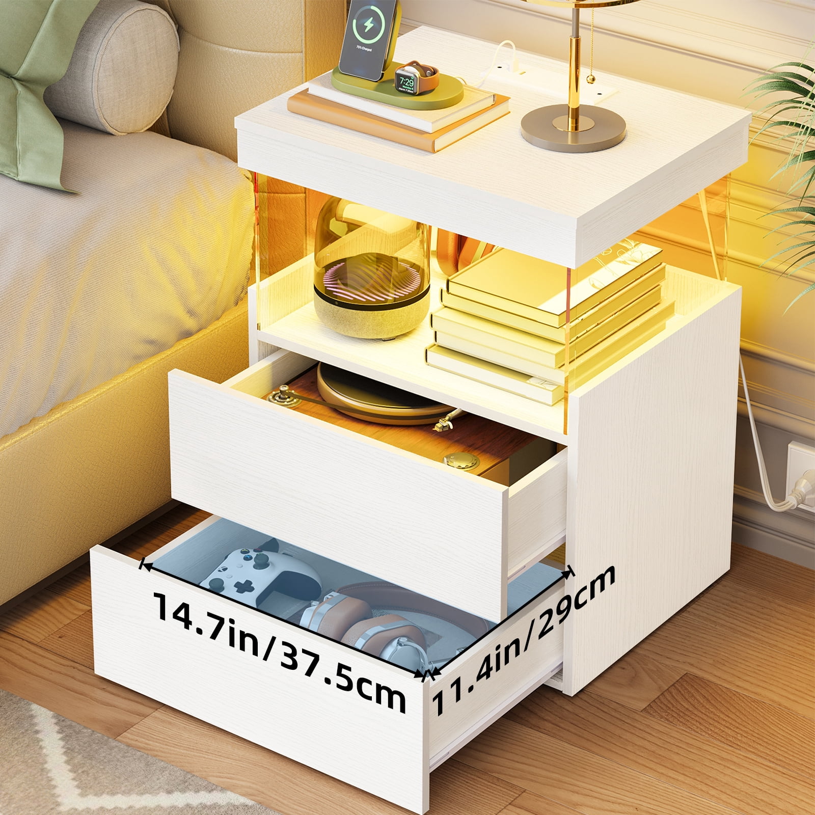 TOMNK White Nightstand with Charging Station, Bedside Table for Bedroom, LED Nightstand, Modern Night Stand with Drawers, White