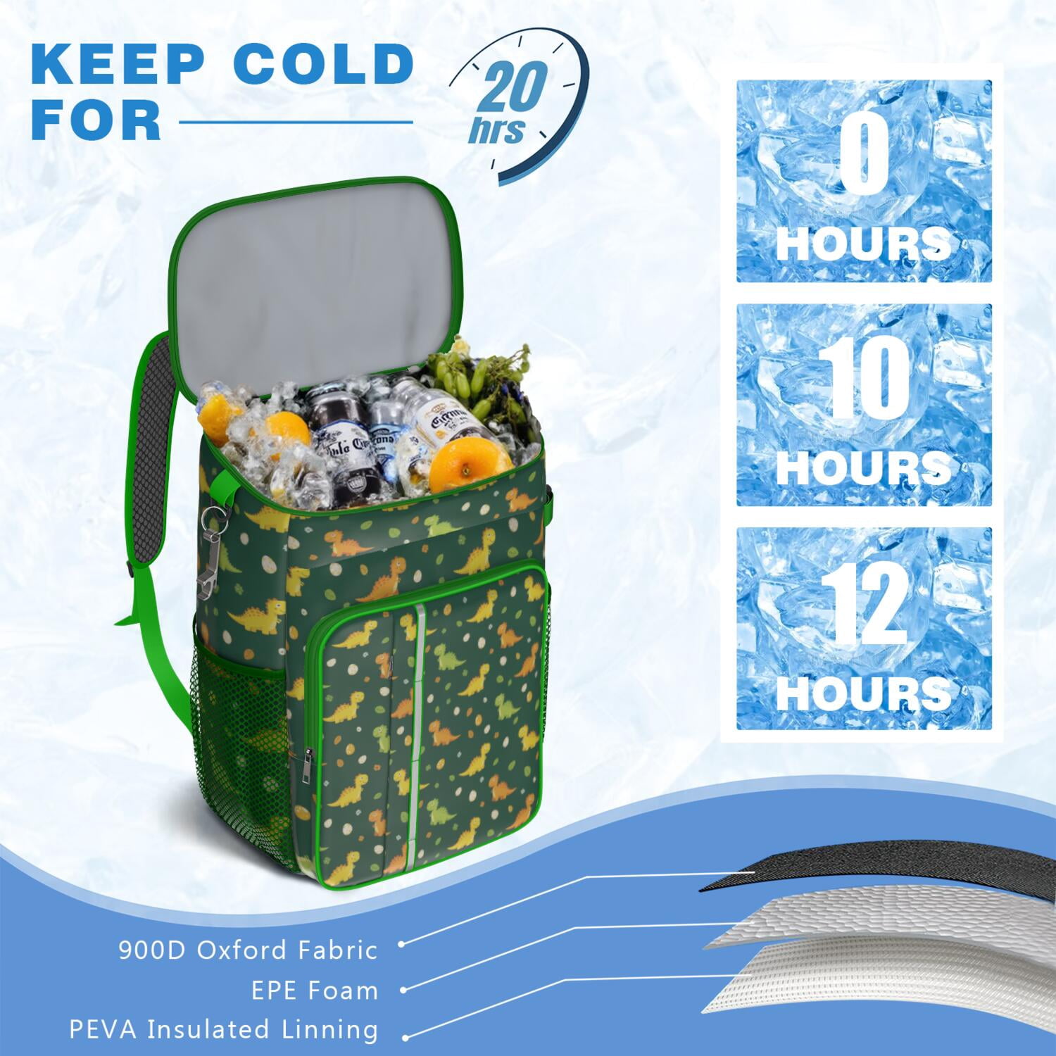 Travel Cooler Bag - Green Cartoon Dinosaurs Eggs Pattern Camping Beer Cooler Backpack with Bottle Opener- Waterproof Insulated Picnic Backpacks - Cooler Bag for Beach