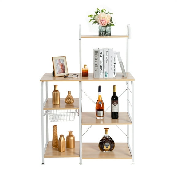 Bakers Racks for Kitchens, Microwave Stand with Storage, 3 Tier 4 Tier Microwave Oven Stand, Kitchen Storage Rack Microwave with 10 Hooks, Multifunction Kitchen Shelf for Office, Home, Beige, R1738