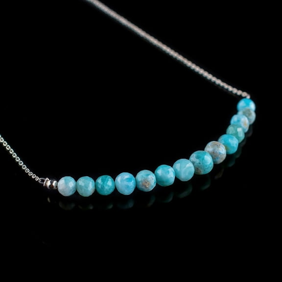 Natural Blue Larimar Gemstone Beads Handmade Bar Necklace Jewelry for Women, Birthstone Crystals and Healing Stones, Rhodium Plated 925 Sterling Silver Chain 18" Birthday Gift for Her