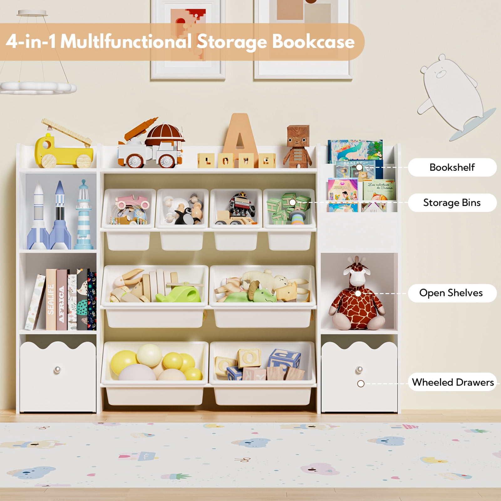 Hommpa Kids Toy Storage Organizer with 8 Toy Storage Bins, Kids Bookcase with 4-Tier Bookshelf, Toy Organizer with 2 Removable Drawers and 3 Cube Storage for Bedroom Playroom, White
