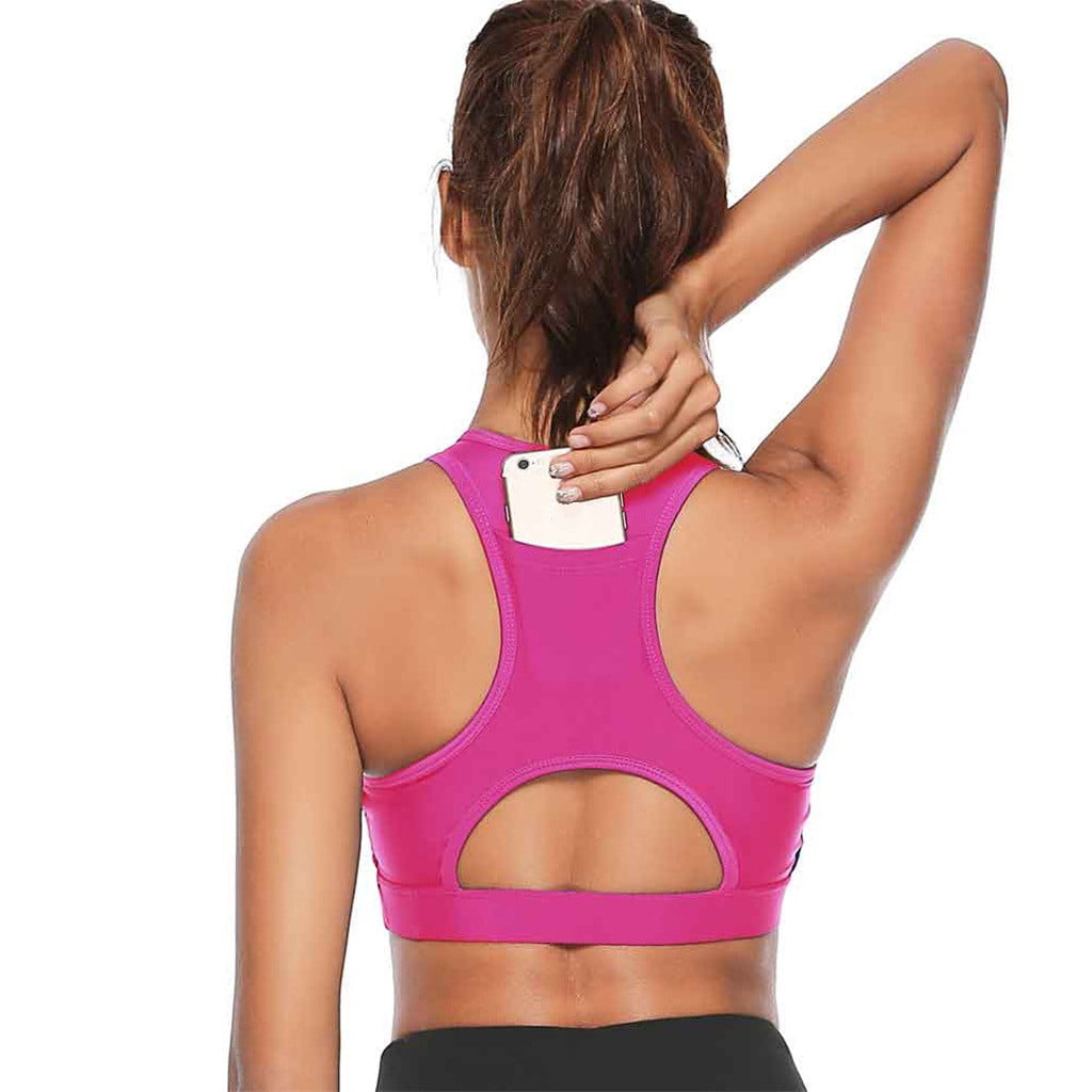 Womens High Impact Sports Running Trainning Bra Padded Back Pocket Yoga Fitness