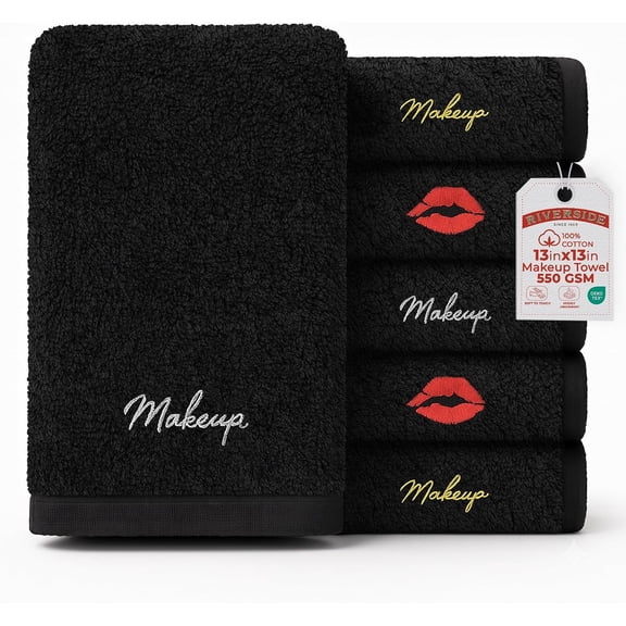 RIVERSIDE 6 Pack Makeup Remover Towels 13x13 Organic Cotton Face Washcloth - Black