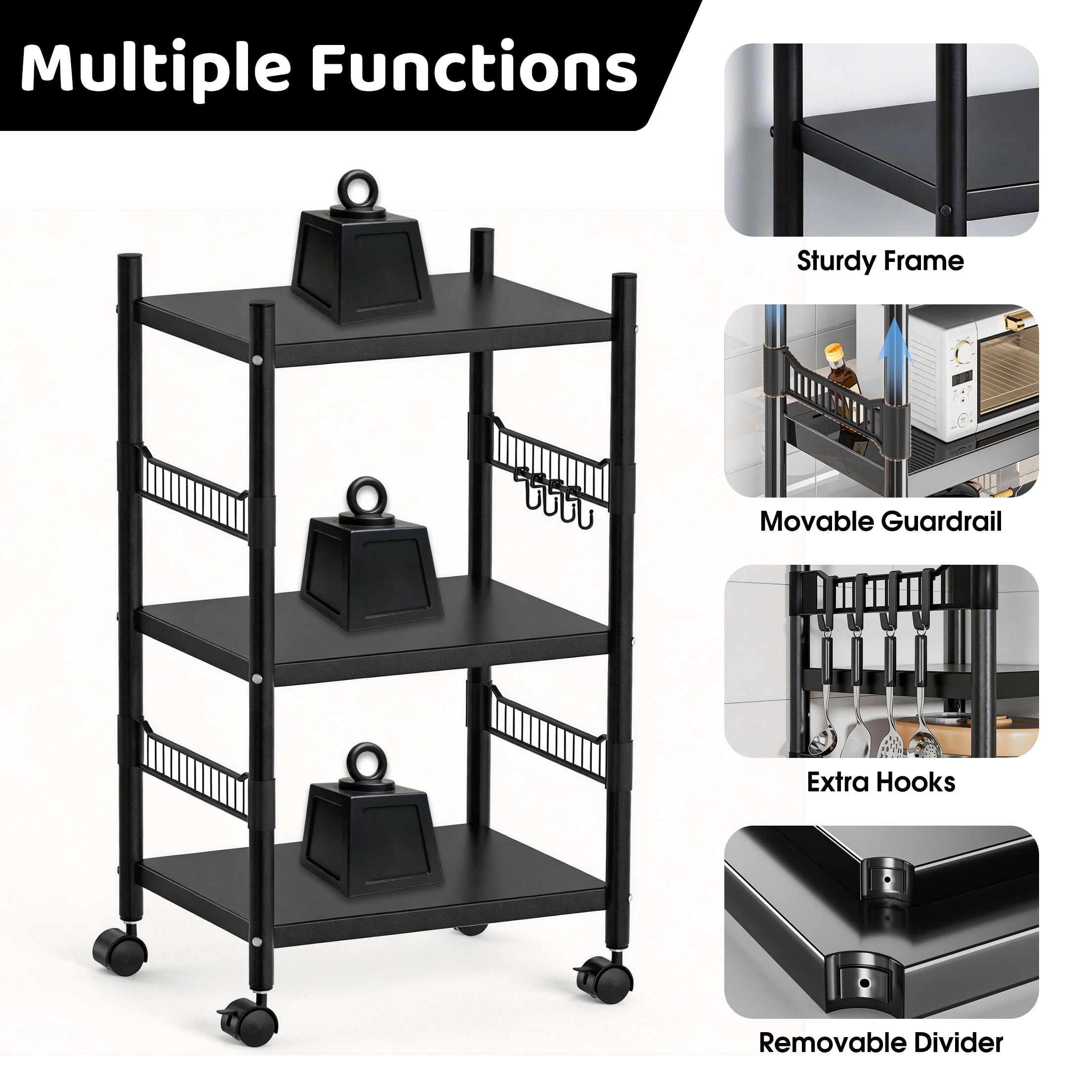 3-Tier Kitchen Microwave Cart, Rolling Utility Storage Cart, Utility Shelf Microwave Stand Storage Cart with Wheels and 4 Hooks, Microwave Oven Storage Cart for kitchens Bathrooms Offices