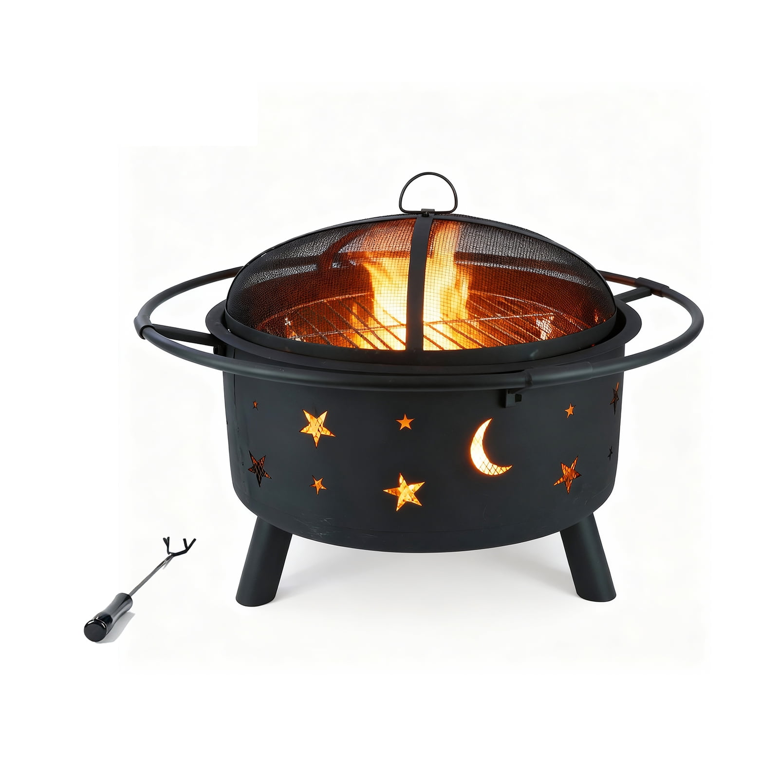 PATIO-IN 24 Inch Outdoor Fire Pit, Star and Moon Cutout Steel Fire Bowl with Mesh Spark Screen, Poker & Grate, Wood Burning Fire Pit for Patio Backyard Camping, Black