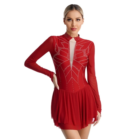 Manyakai Womens Rhinestones Figure Ice Skating Dance Costume Long Sleeve Ballet Gymnastics Leotard Burgundy S