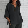 thumbnail image 2 of Eryao Prime By Hour Cotton Linen Half Sleeve Shirts for Women Casual Button V Neck Blouses 2025 Spring Summer Solid Color Side Slit Lightweight Tops,Black,XXL, 2 of 7