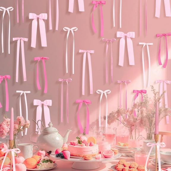 Dalrosia 40PCS Pink Bow Wall Decor, DIY Bow Photo Backdrop, Ribbon Bows Garland, Pink Bows Party Decor for Women Girls Birthday, Baby Shower, Bachelorette Wedding Party, Room Bedroom Decor