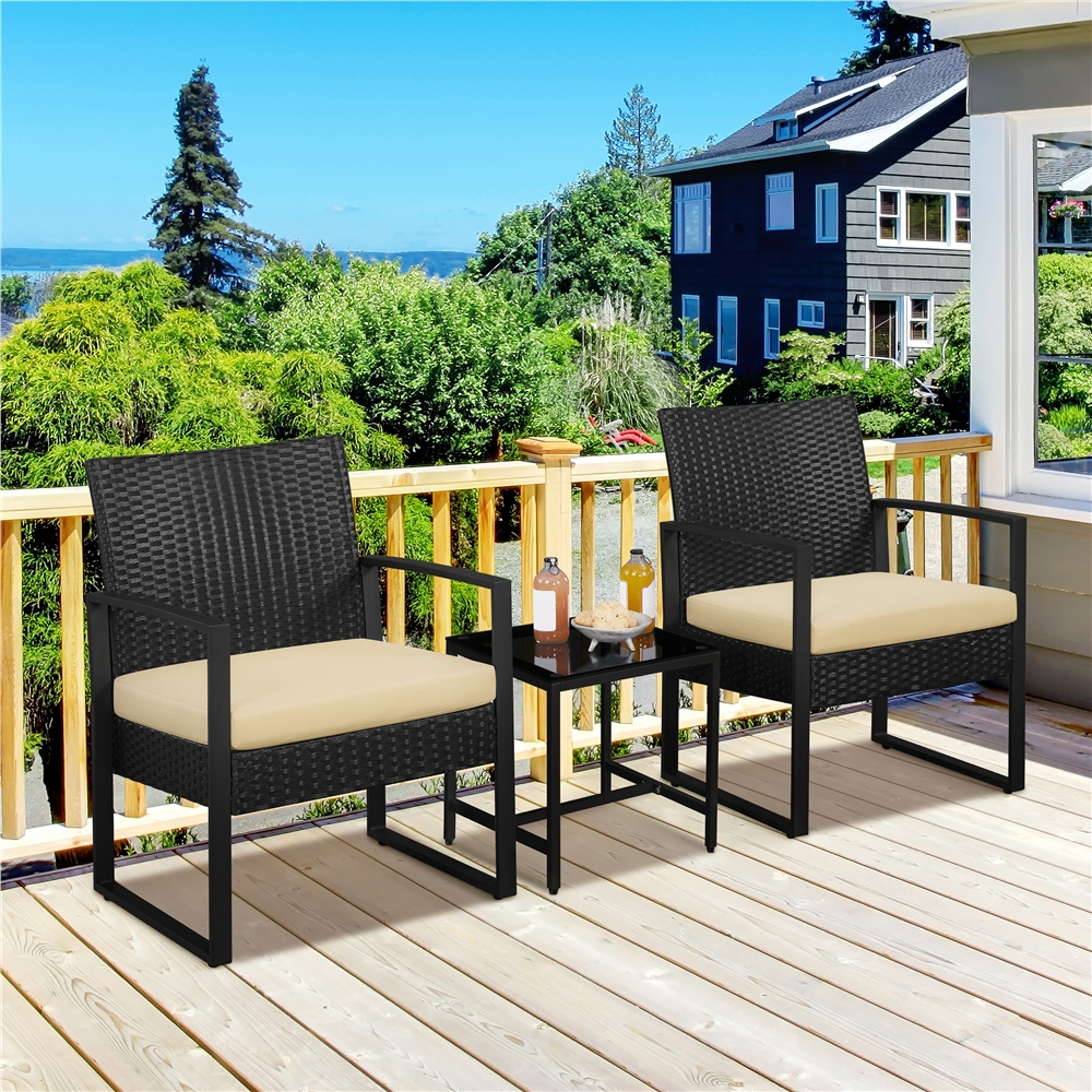 Renwick 3-Piece Patio Bistro Set with 2 PE Rattan Chairs and Table, Black/Khaki