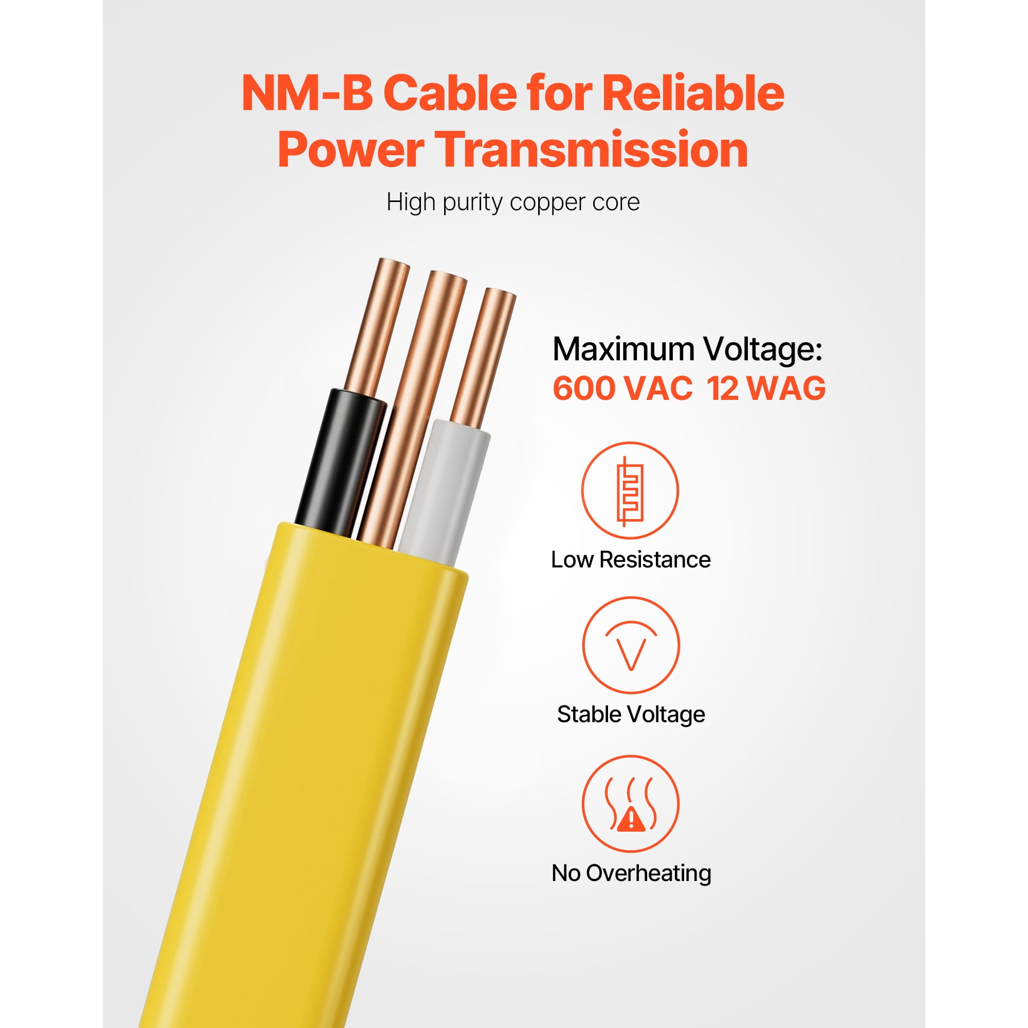KFFKFF 12AWG/2C Non-Metallic Residential Indoor Electrical Wire with Ground, PVC Sheathed Copper Core Cable for Outlets, Switches, Lighting, and Wiring Projects (100 ft)