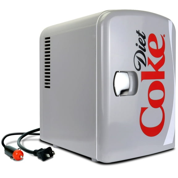 Coca-Cola Diet Coke 4L Cooler/Warmer w/ 12V DC and 110V AC Cords, 6 Can Portable Mini Fridge, Personal Travel Refrigerator for Snacks Lunch Drinks Cosmetics, Desk Home Office Dorm, Gray