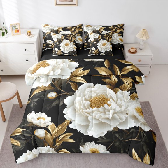 Manfei Chic White Peony Twin Bedding Sets 7-Piece, Garden Flower Floral Bedding Comforter Set, Gold Leaves Sheet Sets, Microfiber Room Decor