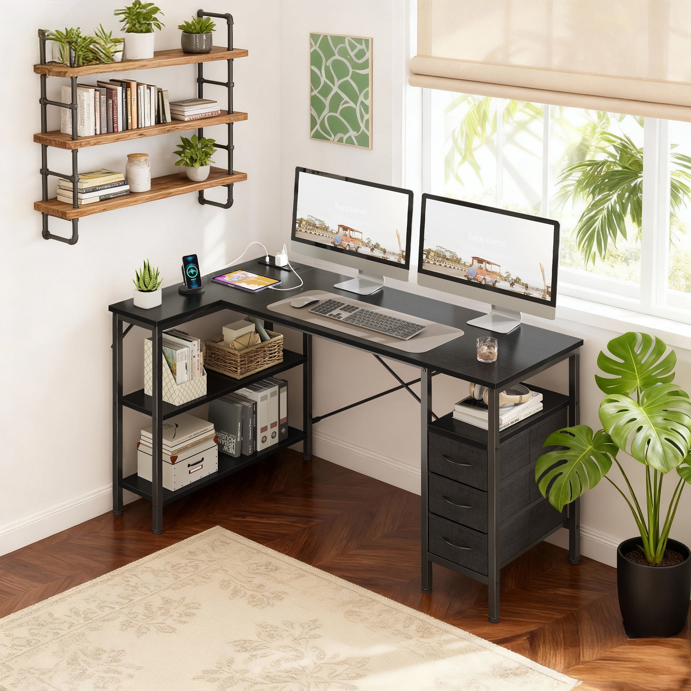 edx 55 Inch L Shaped Desk with Power Outlets, Computer Desk with 3 Drawers, Shelves, Monitor Stand, Corner Work, Rustic Brown