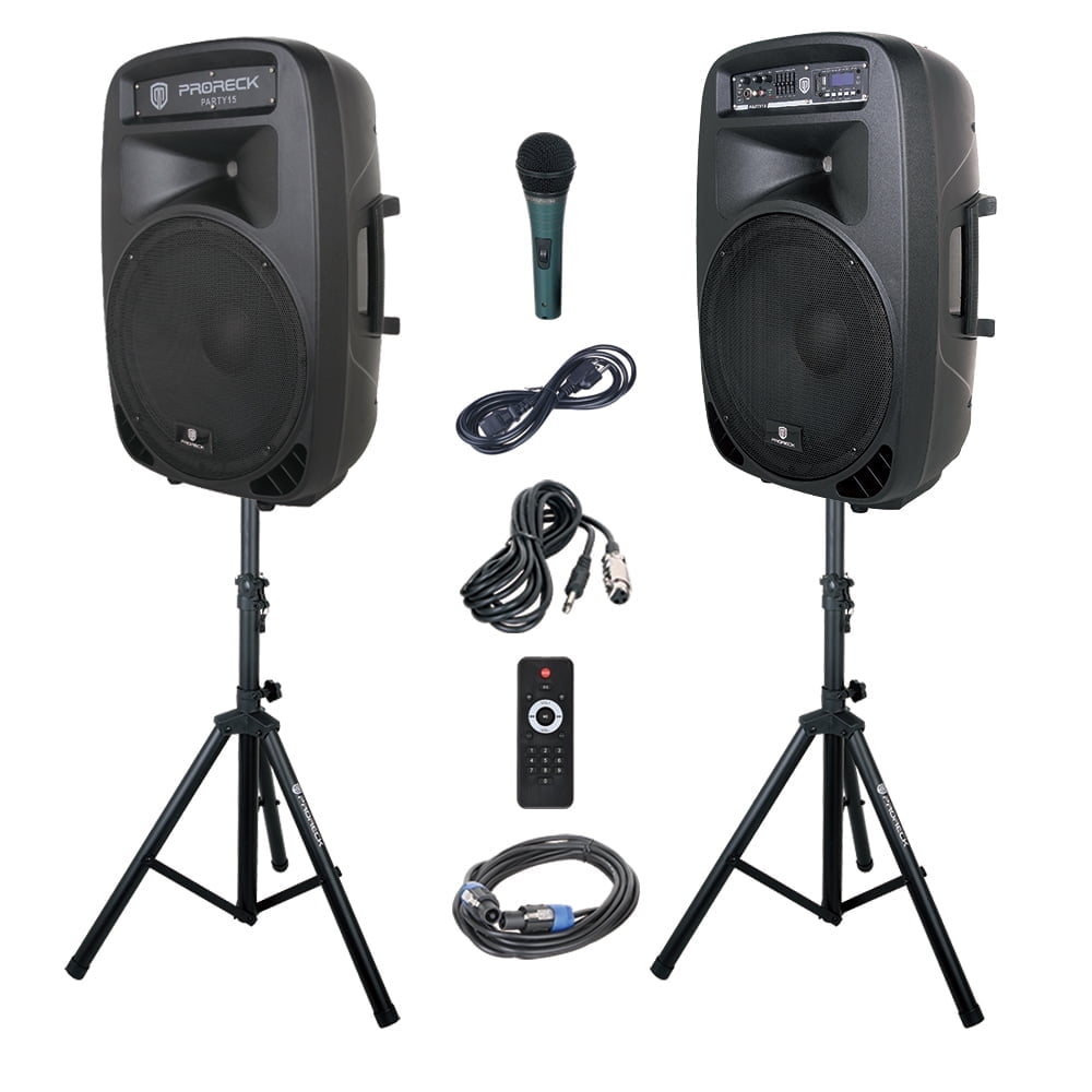 Proreck Party Portable 15" 2000 Watt 2-Way Powered PA Speaker System Combo Set