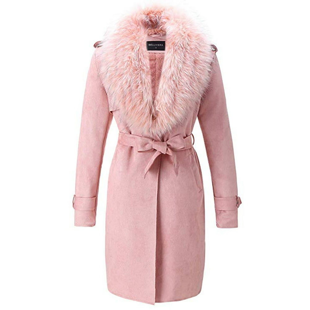 Bellivera Faux Suede Trench Coat Cardigan Faux Fur Collar Jacket, Pink