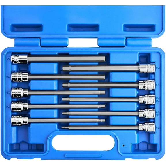 NEIKO 10077A 3/8” Drive Metric Extra Long Allen Hex Bit Socket Set | 10 Pieces | Sizes 3mm – 10mm | Shaft Length 6” | Premium S2 Steel Bits | Heavy Duty Cr-V Sockets | Exceeds ANSI Standards
