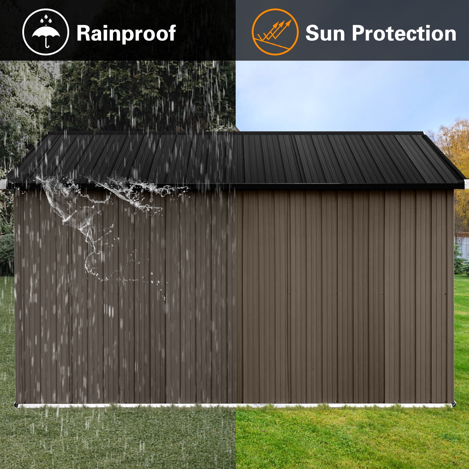 10x12FT Outdoor Metal Storage Shed Tool Bike Generator Weatherproof with Shutter Vents Floor for Garden Patio Backyard, Brown Black